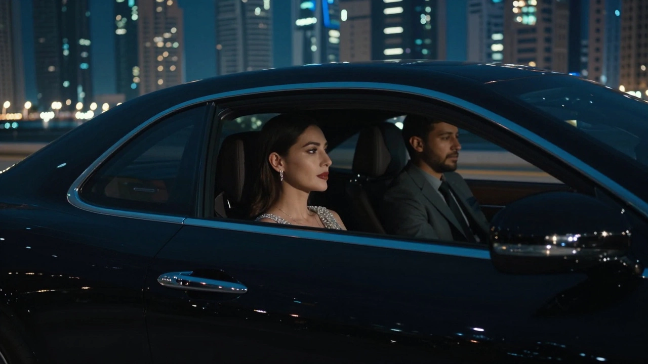 A luxury car driving along Dubai Marina at night, a woman gazing out the window as city lights reflect on the glass.