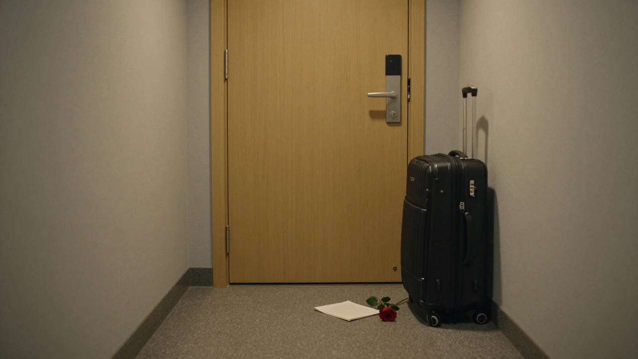 A single rose and note beside a suitcase in a hotel hallway, suggesting a discreet and respectful companionship.