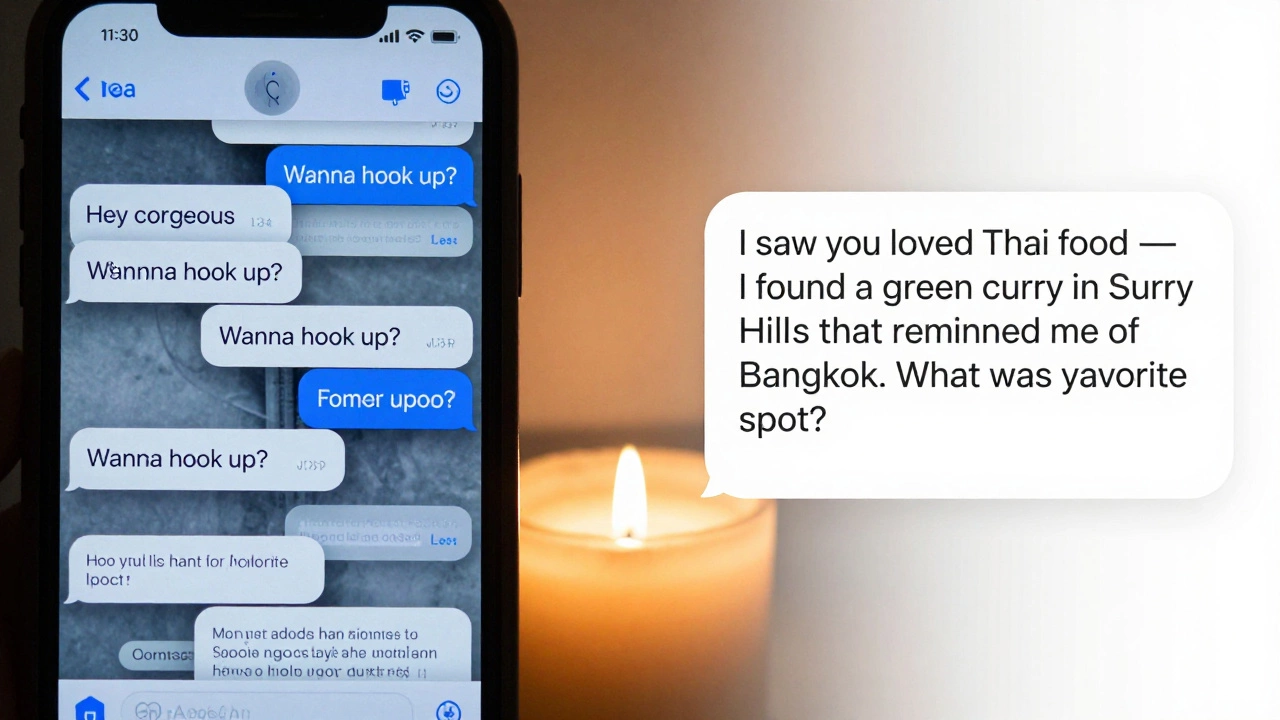 A split-screen showing generic pickup lines versus a personalized, respectful message on a dating app.