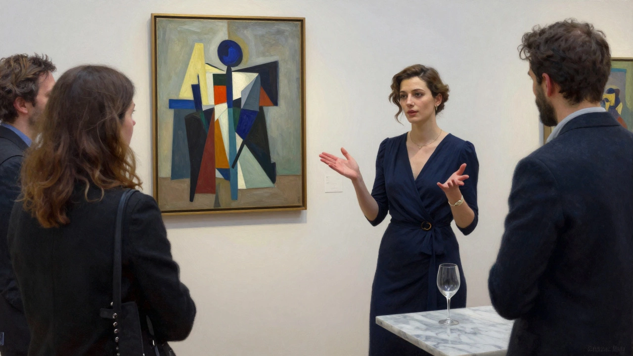A woman in a navy dress engages guests at an art gallery opening, her posture confident and expressive amid richly painted modernist art.