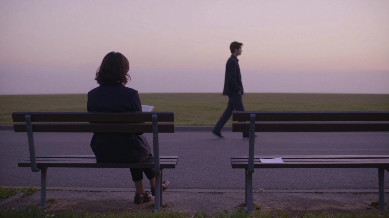 An empty park bench at dusk with a folded note left gently on the seat, symbolizing respectful restraint.